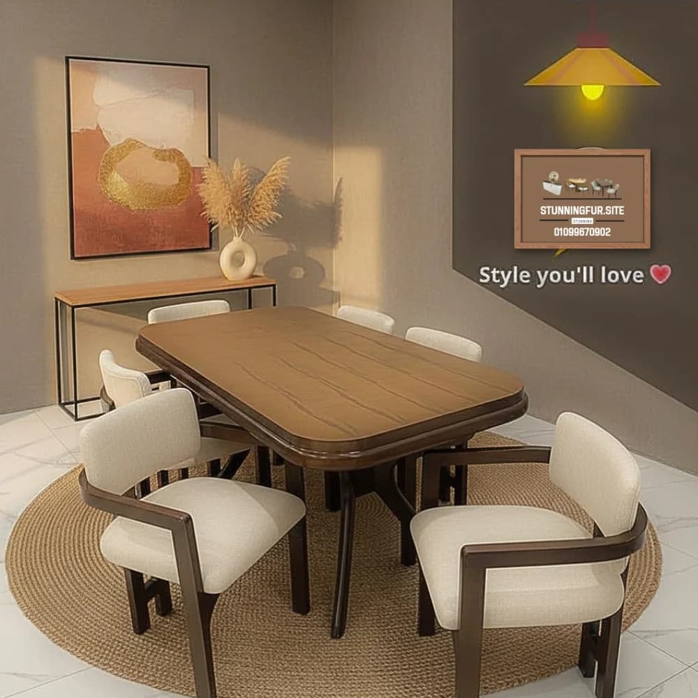 سفرة مودرن خشب طبيعي 6 كراسي – تصميم أنيق بني دافئ — 01